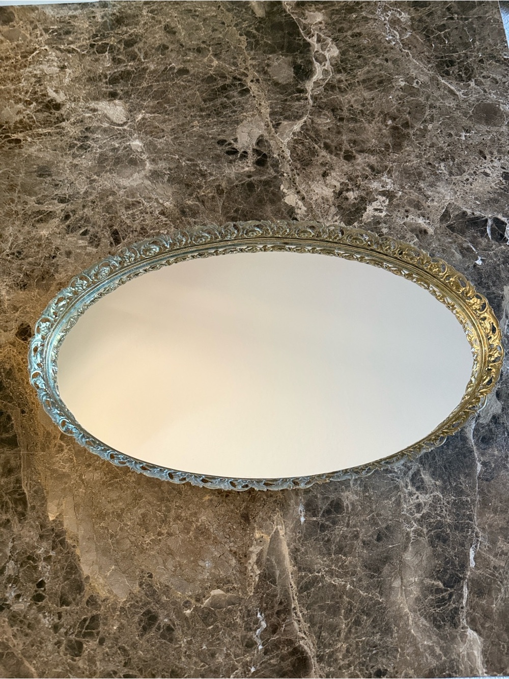 Vintage Oval Mirror Vanity Tray Filigree Ornate Frame Perfume Jewelry
